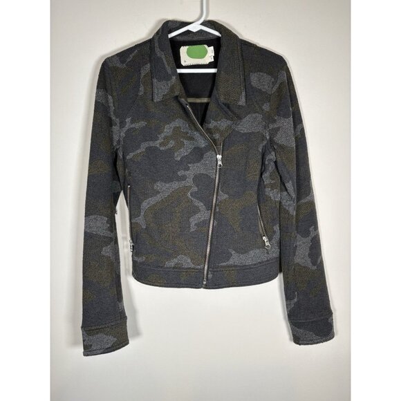 ANTHROPOLOGIE Camo Moto Jacket Zipper Cotton Green Grey Boho Size Medium - Picture 3 of 8